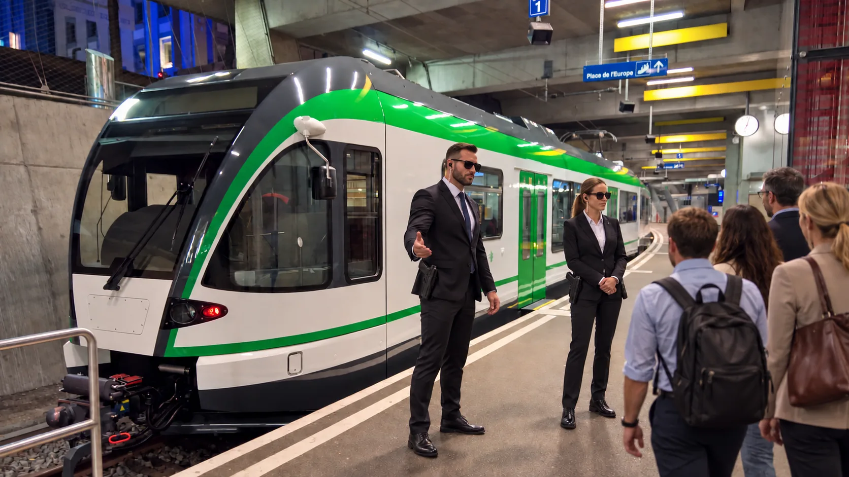 Deux agents accueillent un groupe sur le quai, à côté du train