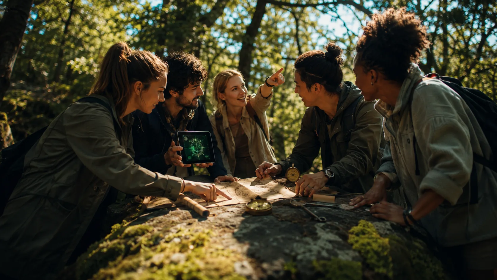 Une équipe réunie en forêt autour d'une tablette